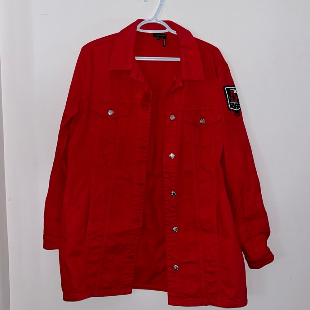 Red distressed long jean jacket by Tricotto